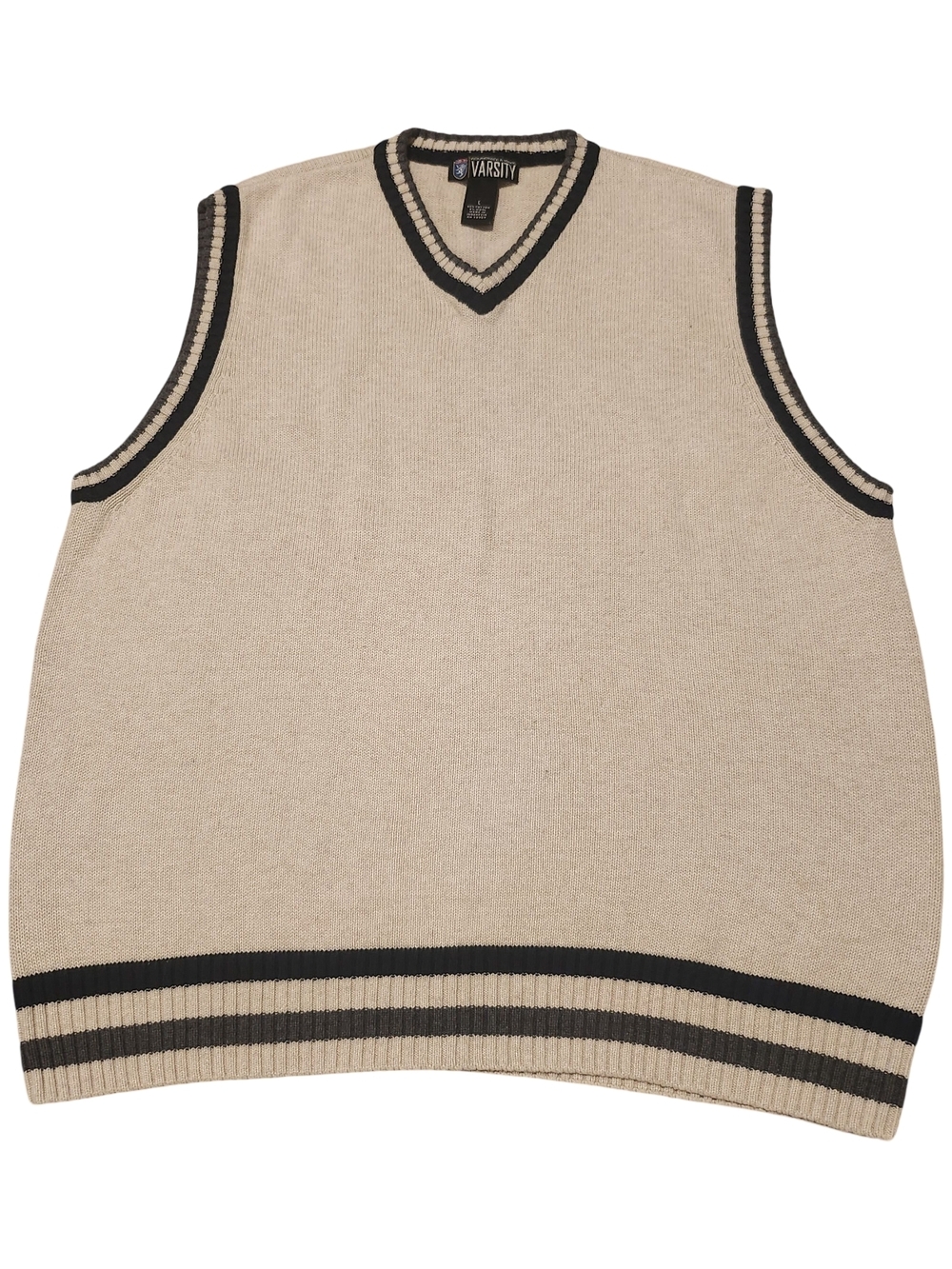 Varsity Beige V-Neck Knit Sweater Vest with Black Trim